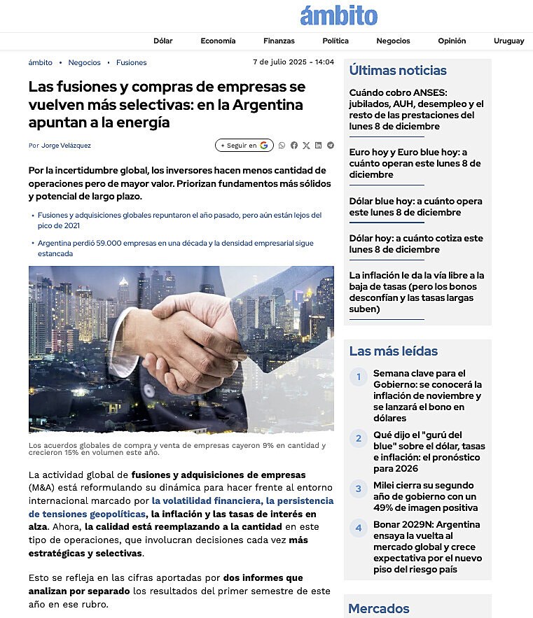 Las fusiones y compras de empresas se vuelven m�s selectivas: en la Argentina apuntan a la energ�a